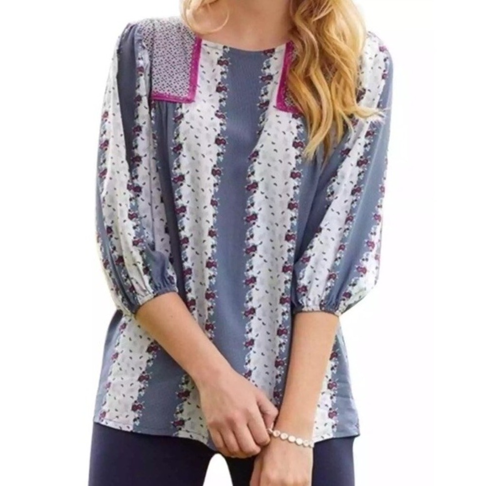 Matilda Jane Womens A Quick Getaway Floral Contrast Patterns Blouse Large New
